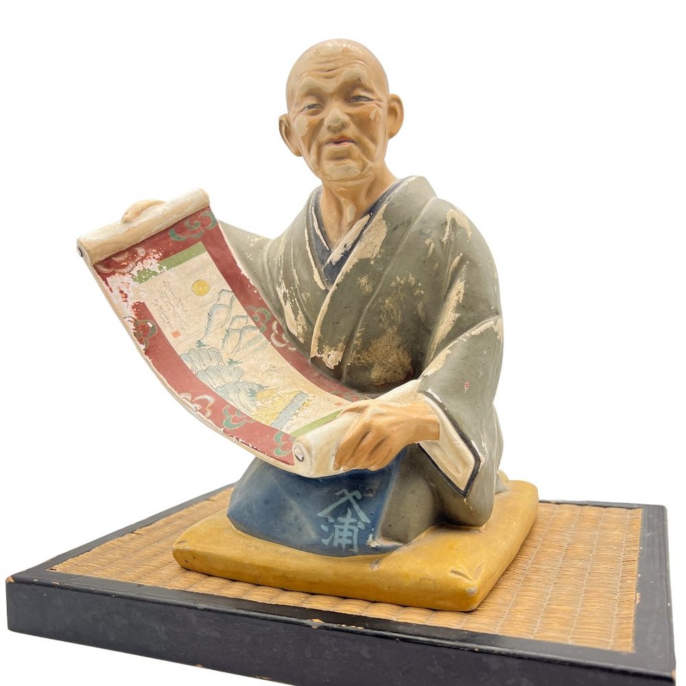 Hakata Urasaki Clay Doll Man Ancient Scroll Moon Painting With Tatami Mat Stand